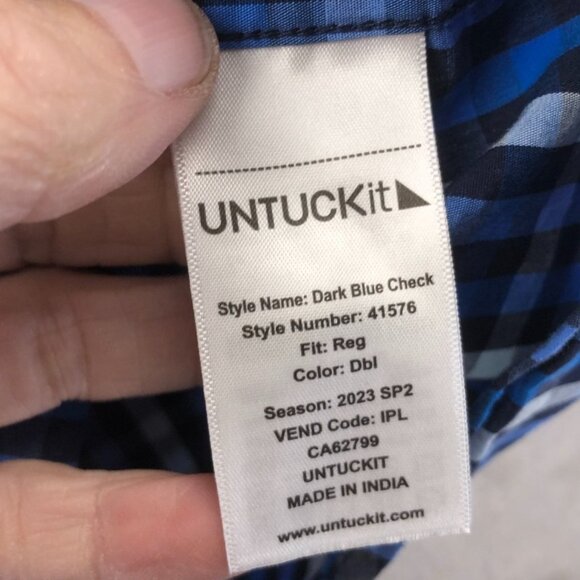Untuckit Mens Shirt Large Short Sleeve Dark Blue Check Button Up Classic Casual - Picture 6 of 11